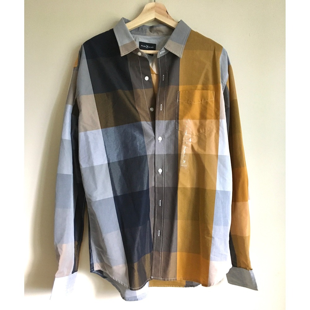 Marc Ecko Cut & Sew Mens Large Buffalo Check Button Down Shirt Yellow Grey Navy